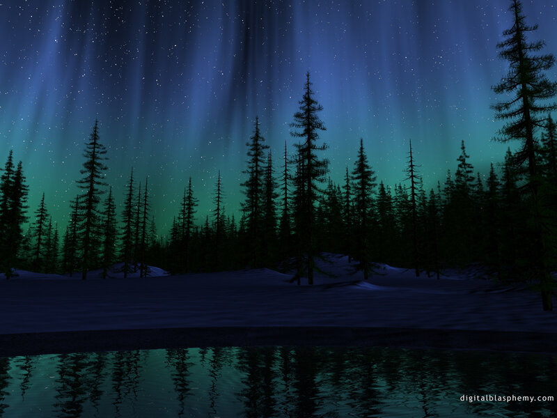 Aurora Borealis over Forest — Blue, Serene, Night, Digital Art, Trees, Snow