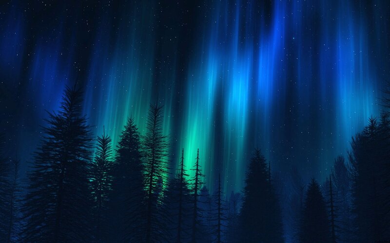 Aurora Borealis over Forest — Blue, Serene, Night, Digital Art, Trees, Stars