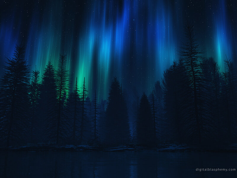 Aurora Borealis over Forest — Blue, Serene