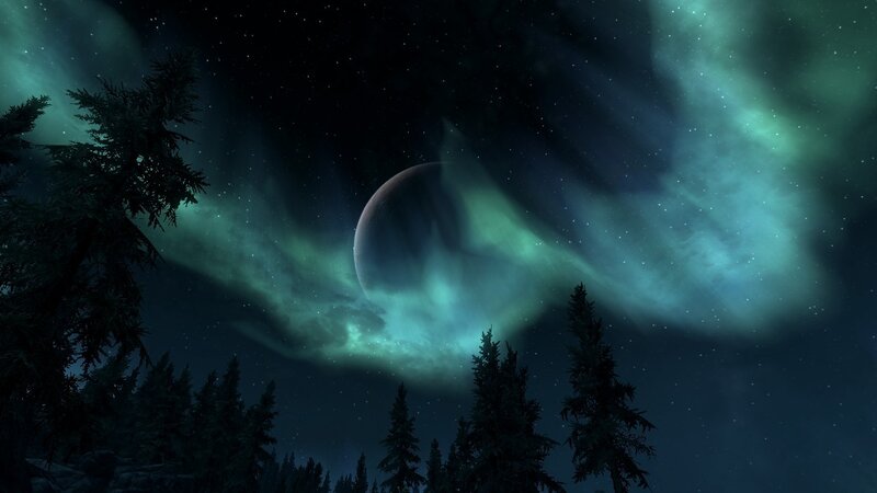 Aurora Borealis over Forest — Green, Dramatic, Night, Digital Art, Planet