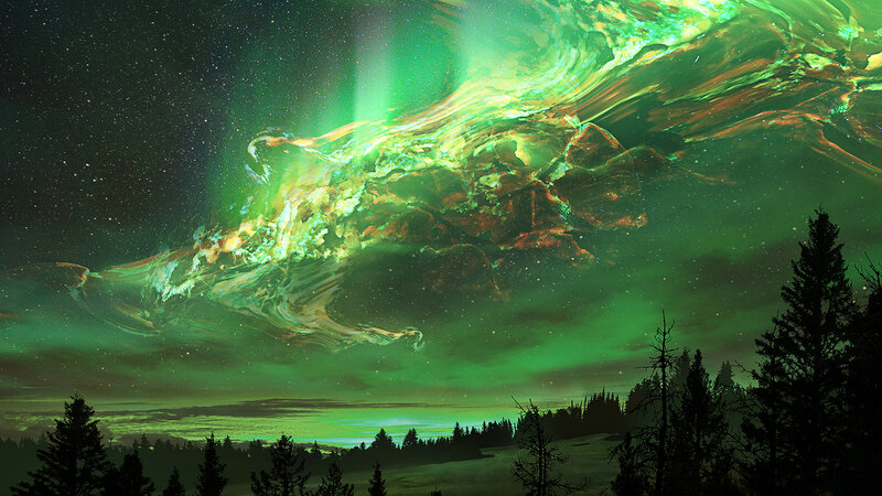 Aurora Borealis over Forest — Green, Dramatic, Night, Digital Art