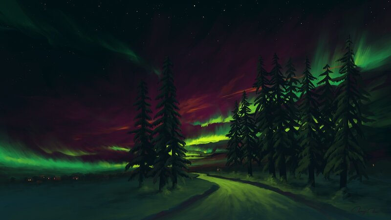 Aurora Borealis over Forest — Green, Dramatic, Night, Digital Art, Trees