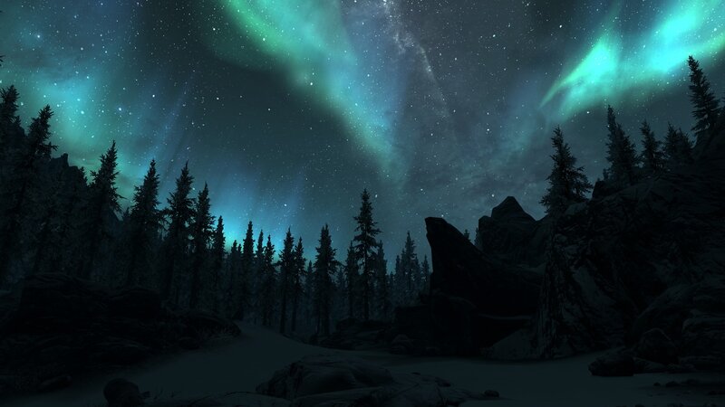 Aurora Borealis over Forest — Green, Serene, Night, 3d Render, Mountains