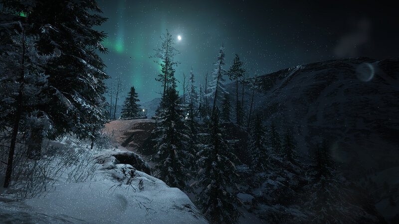 Aurora Borealis over Forest — Green, Serene, Night, 3d Render, Snow