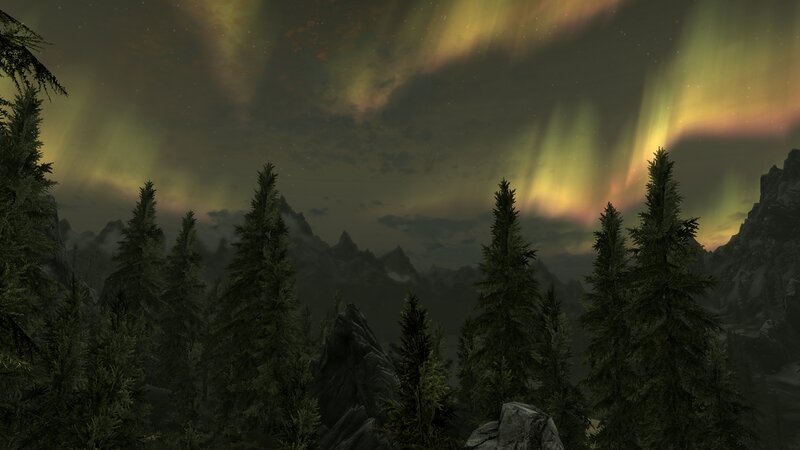 Aurora Borealis over Forest — Green, Serene, Night, 3d Render