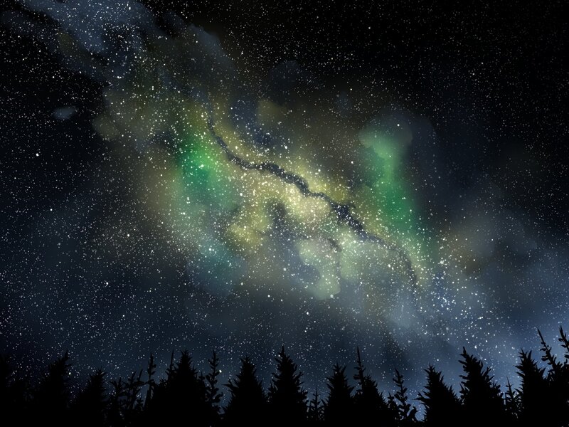 Aurora Borealis over Forest — Green, Serene, Night, Digital Art, Stars