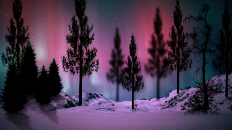 Aurora Borealis over Forest — Purple, Serene, Night, Digital Art