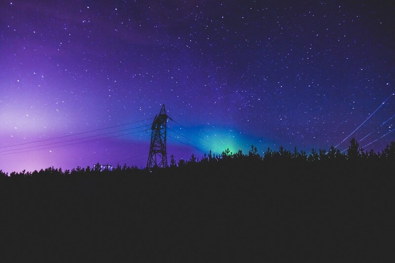 Aurora Borealis over Forest — Purple, Serene, Night, Photograph, Power Lines