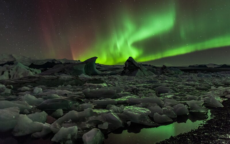 Aurora Borealis over Ice — Green, Dramatic, Night, Photograph, Stars