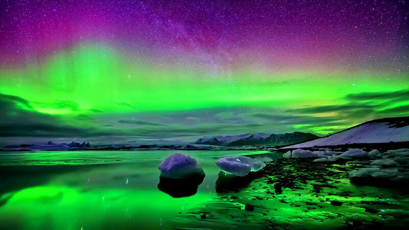 Aurora Borealis over Ice — Green, Dramatic, Night, Photograph