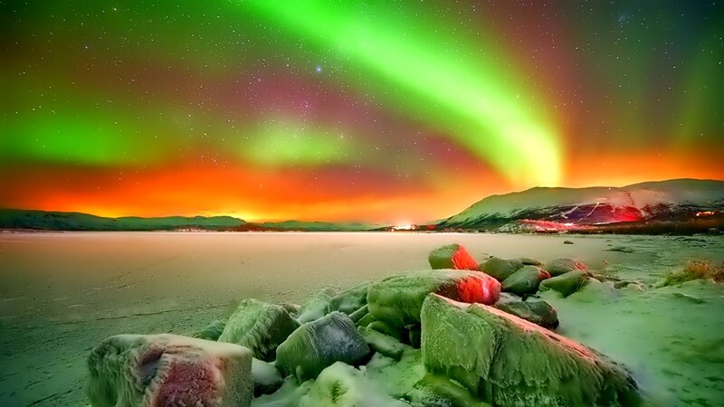 Aurora Borealis over Ice — Green, Dramatic, Night