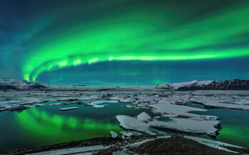 Aurora Borealis over Ice — Green, Dramatic