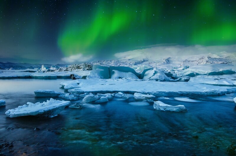 Aurora Borealis over Icebergs — Green, Serene, Night, Photograph, Glacier