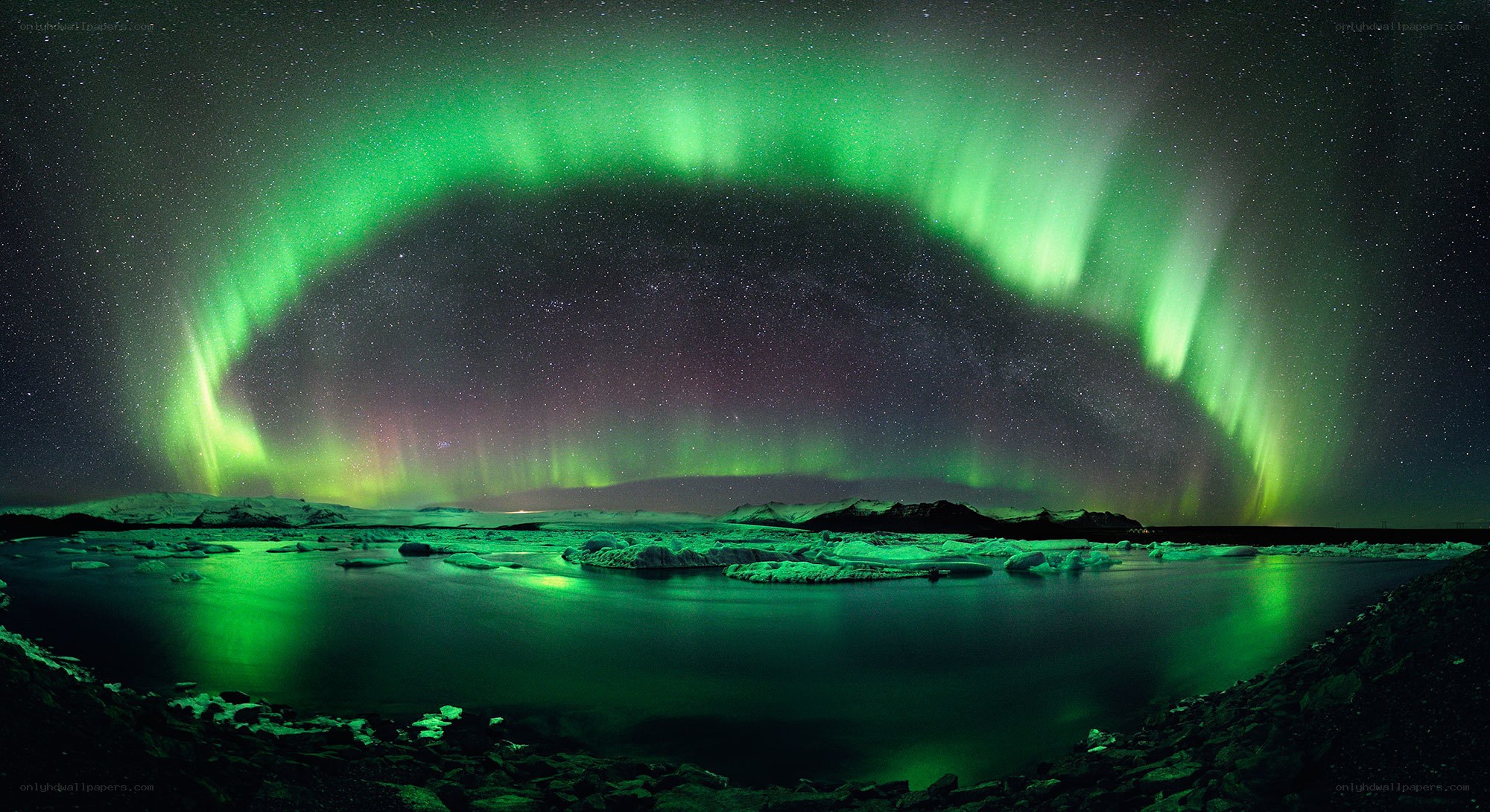 Aurora borealis over icy waters