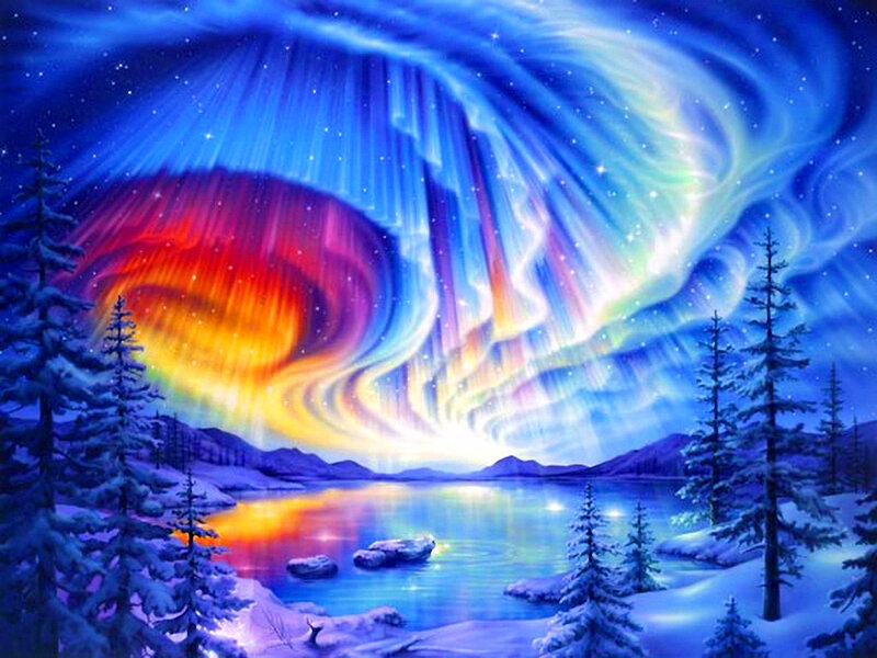 Aurora Borealis over Lake — Blue, Dramatic