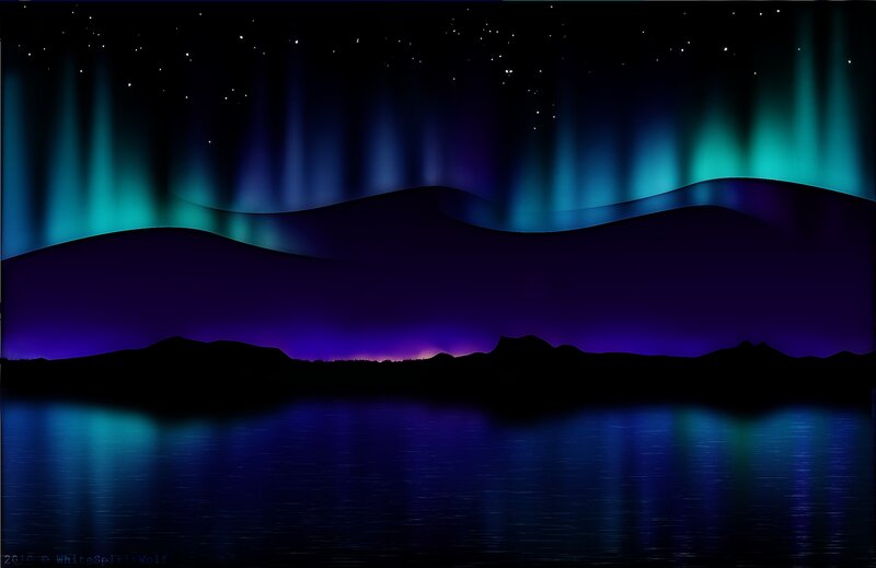 Aurora Borealis over Lake — Blue, Serene, Night, Digital Art