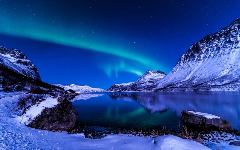 Aurora Borealis over Lake — Blue, Serene, Night, Photograph, Mountains, Snow