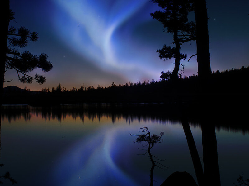Aurora Borealis over Lake — Blue, Serene, Night