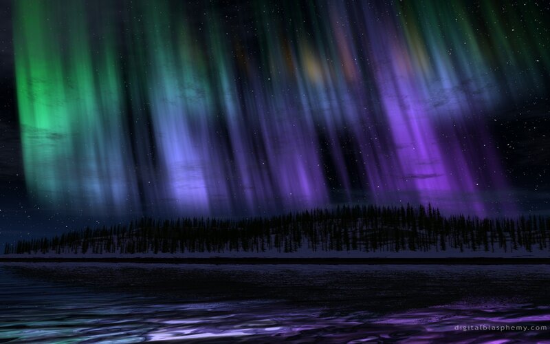 Aurora Borealis over Lake — Green, Dramatic, Night, Digital Art, Forest