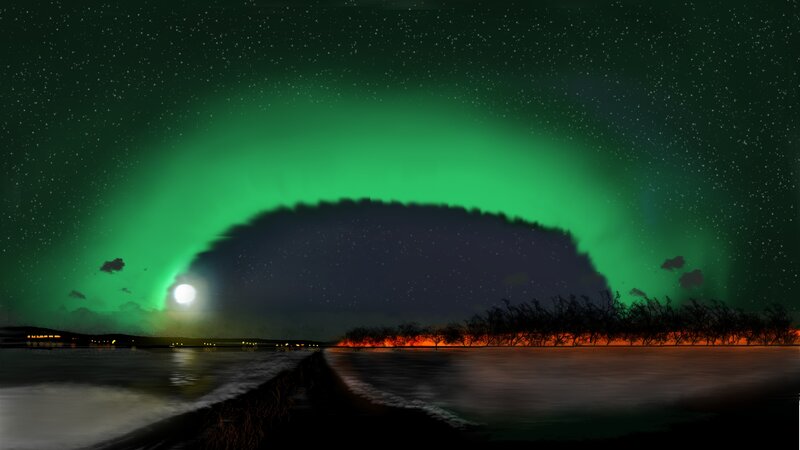 Aurora Borealis over Lake — Green, Dramatic, Night, Digital Art, Moon
