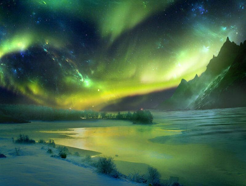 Aurora Borealis over Lake — Green, Dramatic, Night, Digital Art