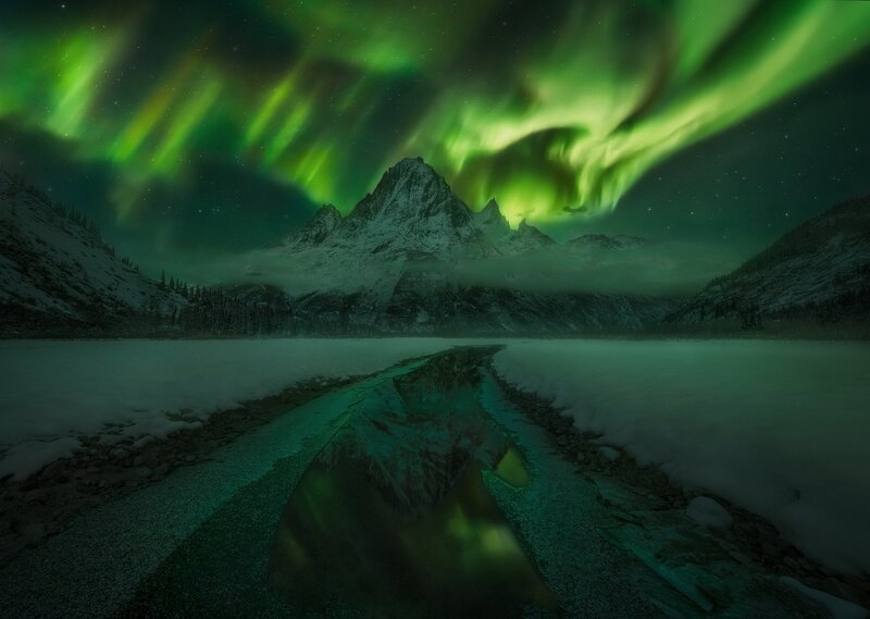Aurora Borealis over Lake — Green, Dramatic, Night, Photograph, Mountains, Sky