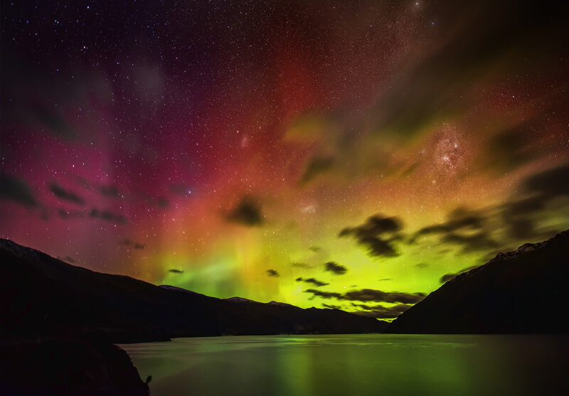Aurora Borealis over Lake — Green, Dramatic, Night, Photograph, Mountains
