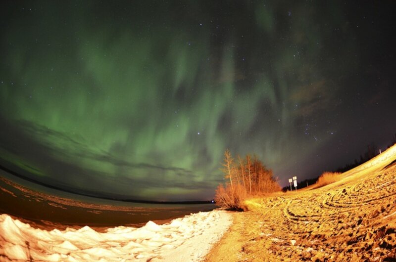 Aurora Borealis over Lake — Green, Dramatic, Night, Photograph, Night Sky