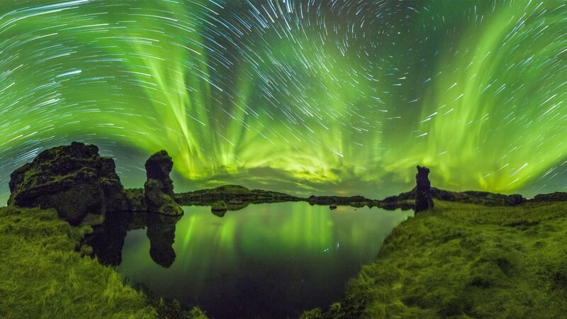 Aurora Borealis over Lake — Green, Dramatic, Night, Photograph, Rocks, Grass