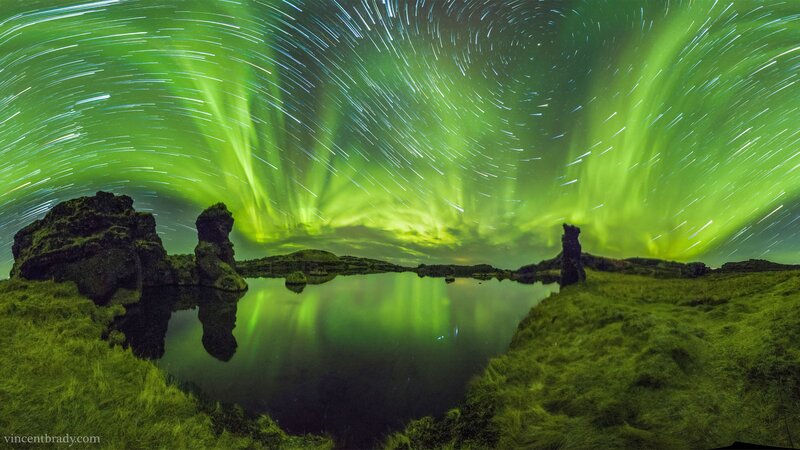 Aurora Borealis over Lake — Green, Dramatic, Night, Photograph, Rocks