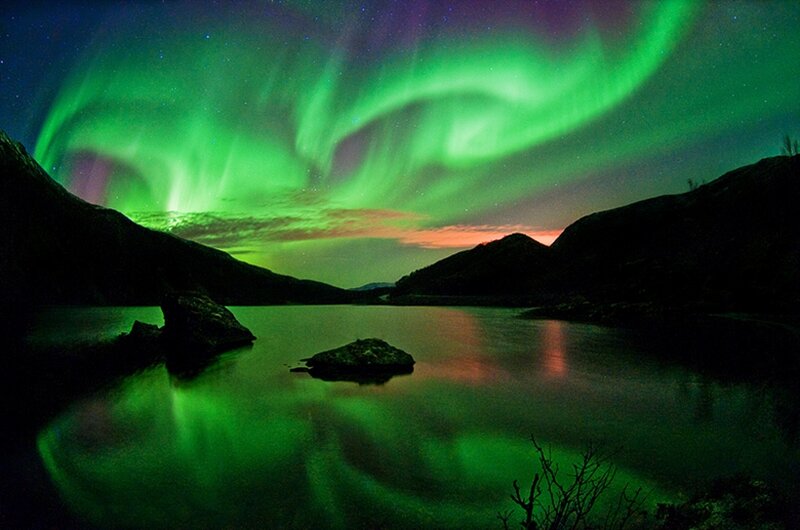 Aurora Borealis over Lake — Green, Dramatic, Night