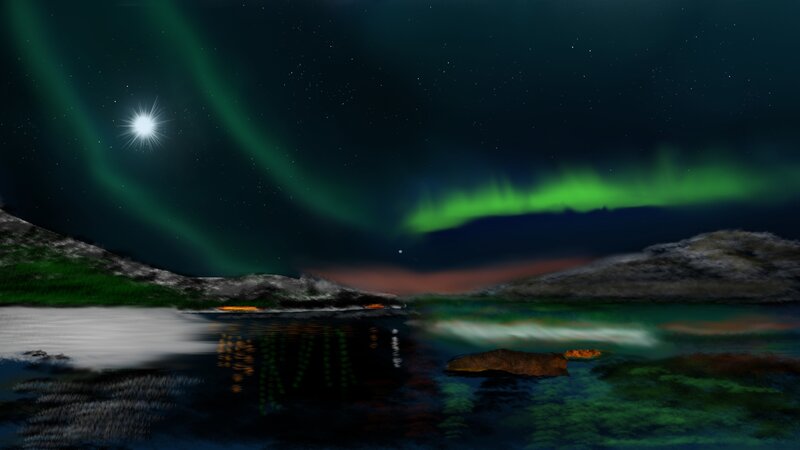 Aurora Borealis over Lake — Green, Serene, Night, Digital Art, Mountains, Moon
