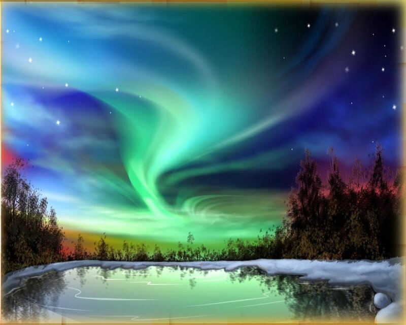 Aurora Borealis over Lake — Green, Serene, Night, Digital Art, Trees, Stars