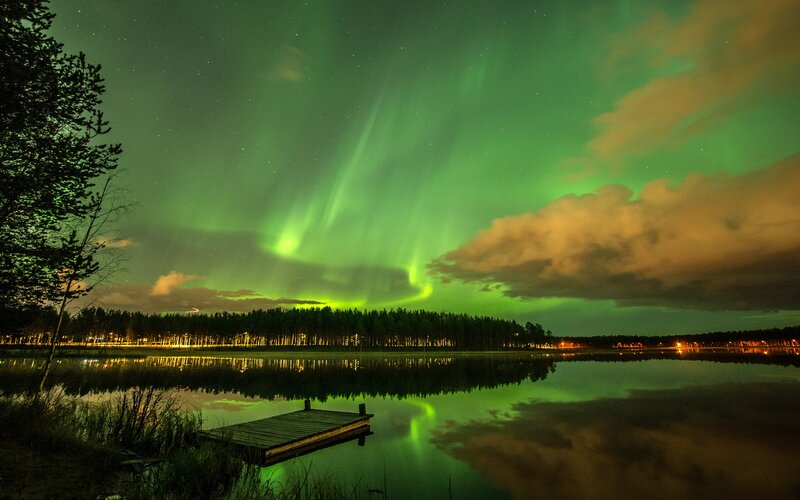 Aurora Borealis over Lake — Green, Serene, Night, Photograph, Dock, Forest