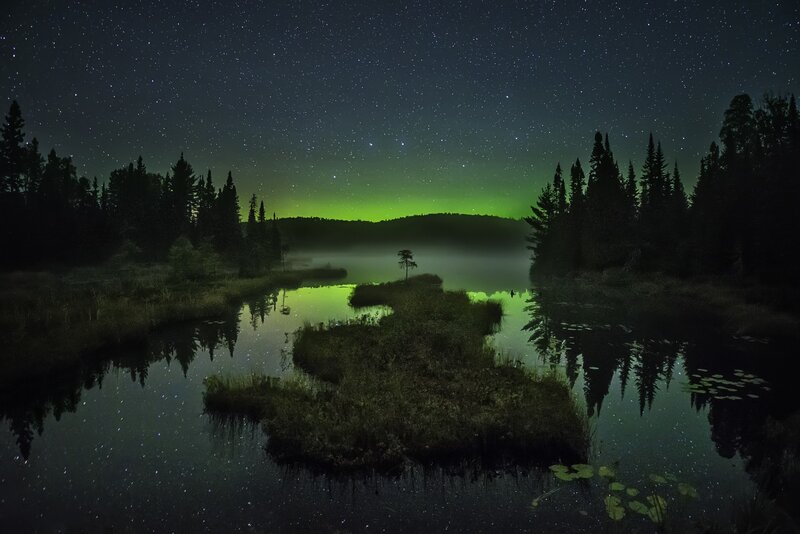 Aurora Borealis over Lake — Green, Serene, Night, Photograph, Forest, Mist