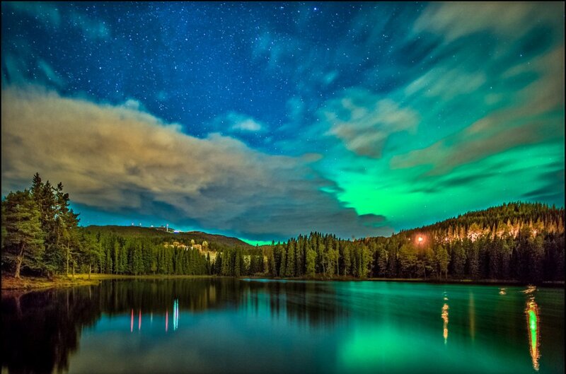 Aurora Borealis over Lake — Green, Serene, Night, Photograph, Forest, Mountain