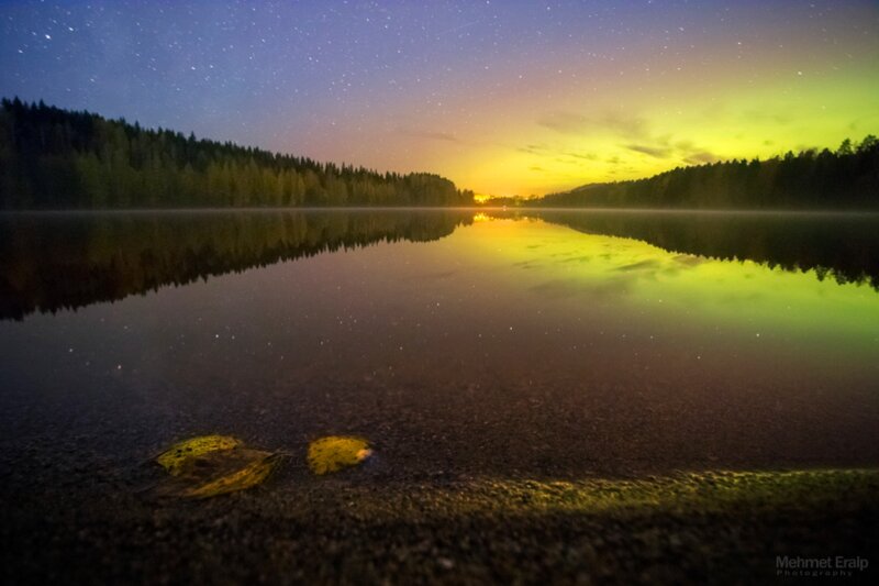 Aurora Borealis over Lake — Green, Serene, Night, Photograph, Forest, Stars, Reflection