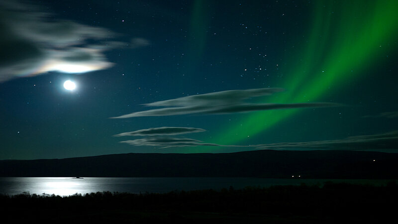 Aurora Borealis over Lake — Green, Serene, Night, Photograph, Moon