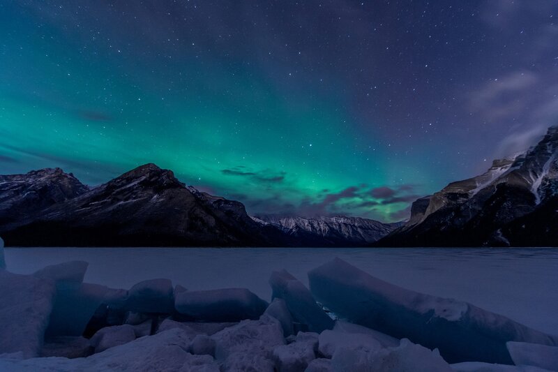 Aurora Borealis over Lake — Green, Serene, Night, Photograph, Mountains, Ice