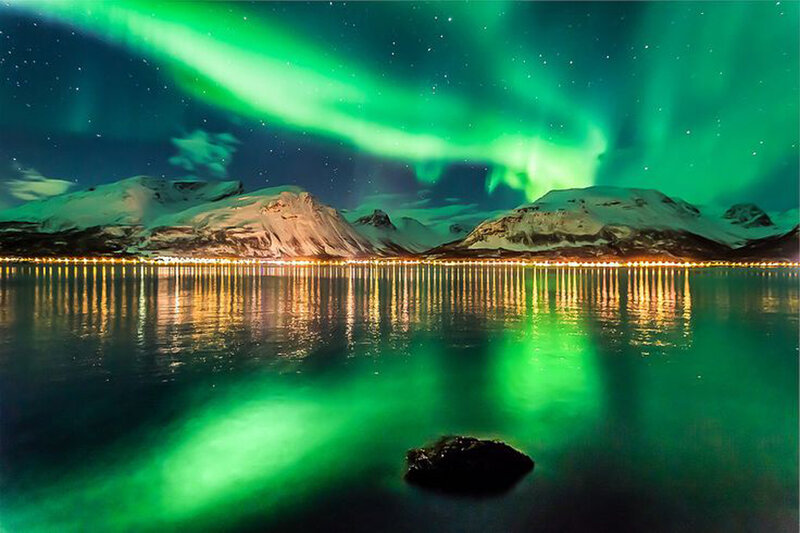 Aurora Borealis over Lake — Green, Serene, Night, Photograph, Mountains, Lights