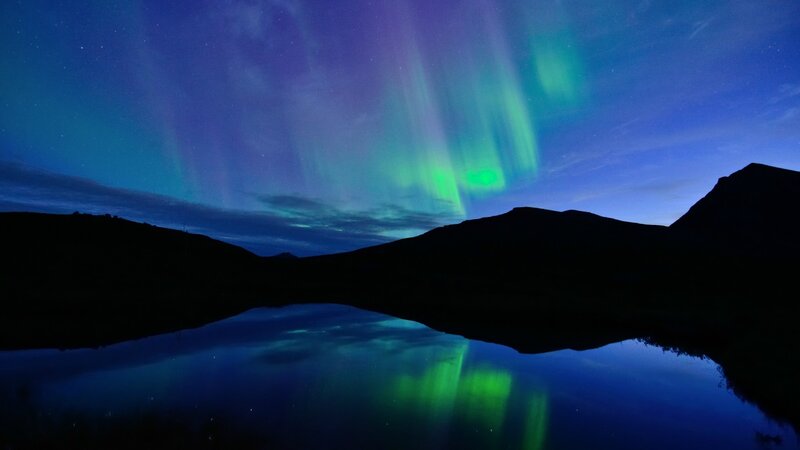 Aurora Borealis over Lake — Green, Serene, Night, Photograph, Mountains, Sky