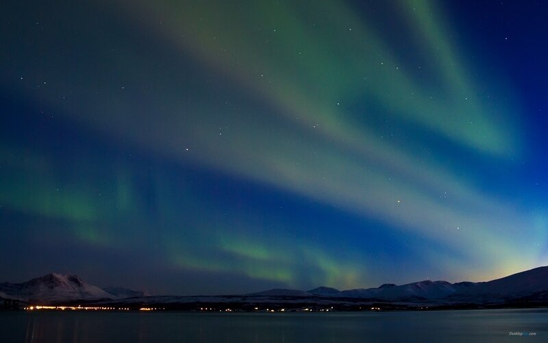 Aurora Borealis over Lake — Green, Serene, Night, Photograph, Mountains, Stars, Lights, Blue