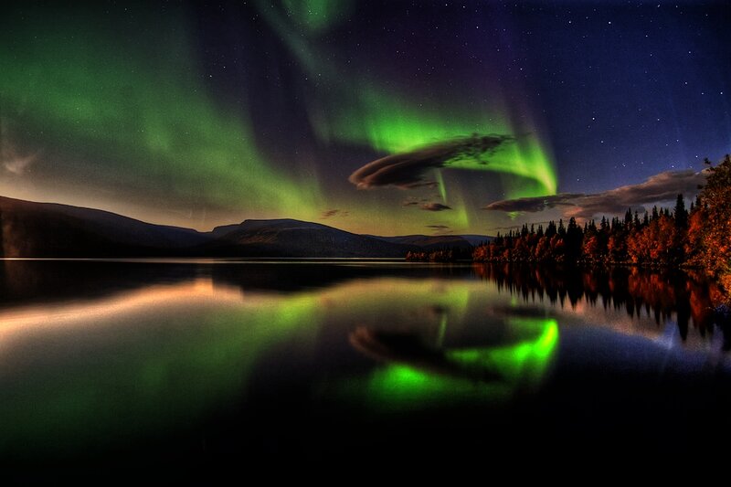 Aurora Borealis over Lake — Green, Serene, Night, Photograph, Mountains, Trees
