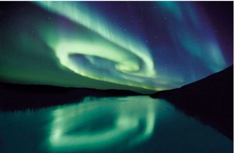 Aurora Borealis over Lake — Green, Serene, Night, Photograph, Sky, Mountains