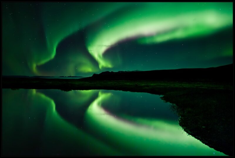 Aurora Borealis over Lake — Green, Serene, Night, Photograph, Sky