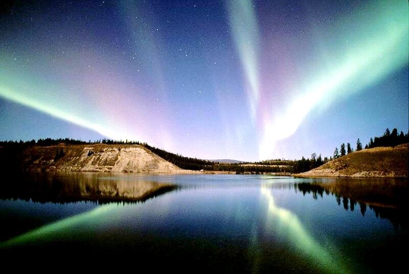 Aurora Borealis over Lake — Green, Serene, Night, Photograph, Trees, Sky, Blue