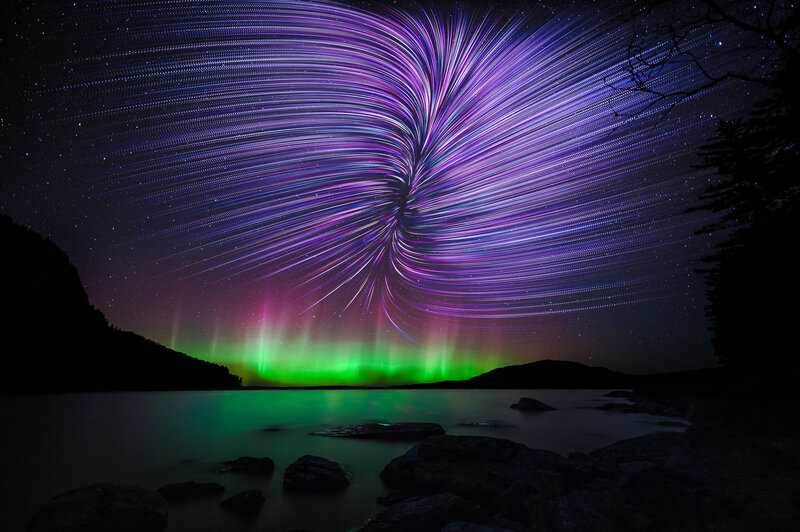 Aurora Borealis over Lake — Purple, Dramatic, Night, Photograph