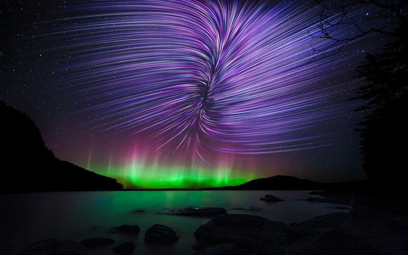 Aurora Borealis over Lake — Purple, Dramatic, Night