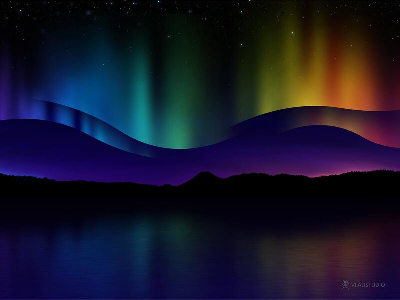 Aurora Borealis over Lake — Purple, Serene, Night, Digital Art