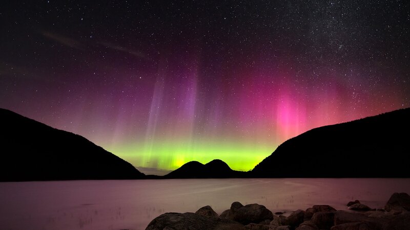 Aurora Borealis over Lake — Purple, Serene, Night, Photograph, Mountains, Stars